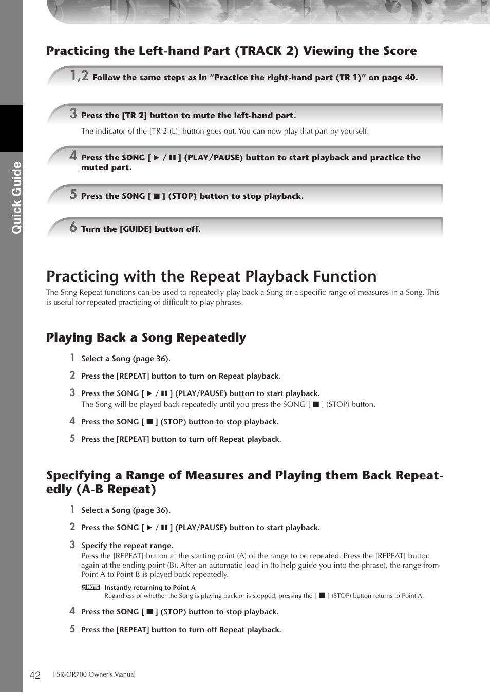 Practicing with the repeat playback function, P. 42, Quic k guide | Playing back a song repeatedly | Yamaha PORTATONE PSR-OR700 User Manual | Page 42 / 196