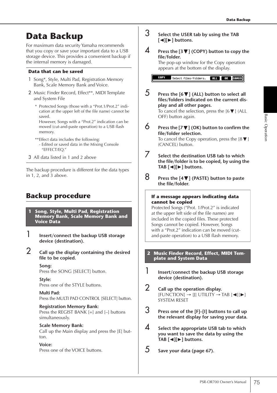 Data backup, Backup procedure | Yamaha PORTATONE PSR-OR700 User Manual | Page 75 / 196