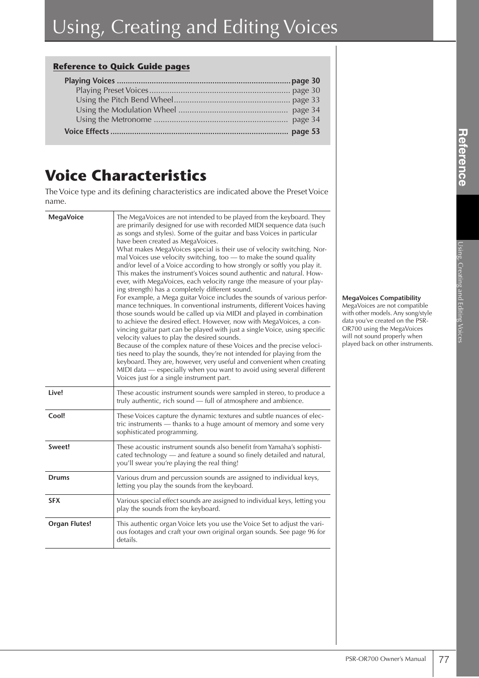 Using, creating and editing voices, Voice characteristics, Reference | Ref erence | Yamaha PORTATONE PSR-OR700 User Manual | Page 77 / 196