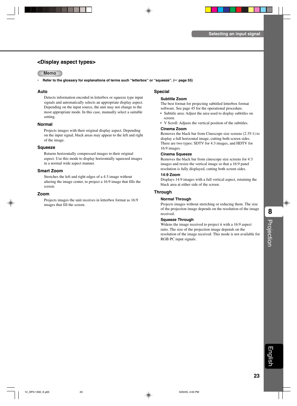 Projection, English | Yamaha DPX-1300 User Manual | Page 27 / 70