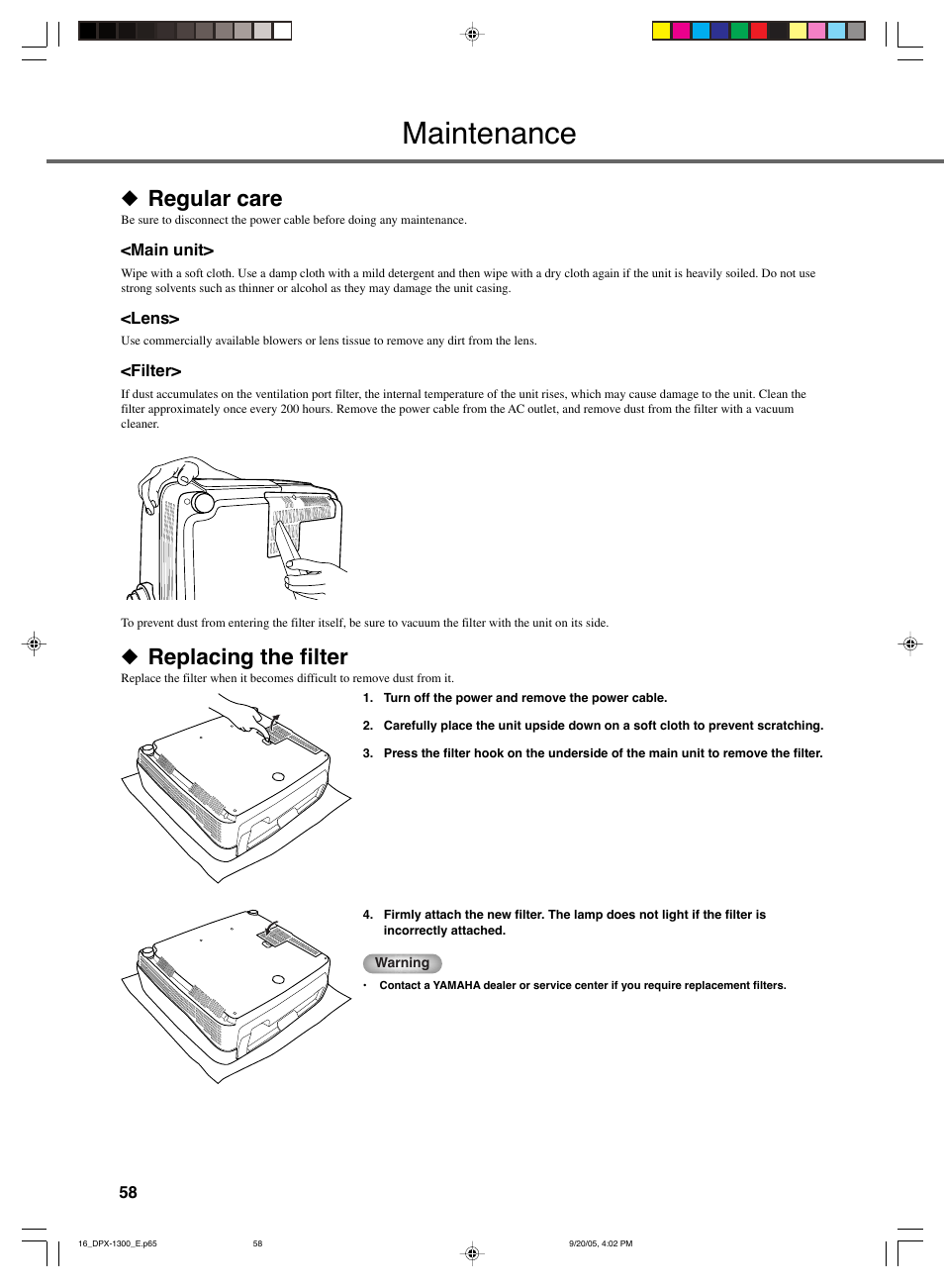 Maintenance, Regular care, Replacing the filter | Yamaha DPX-1300 User Manual | Page 62 / 70