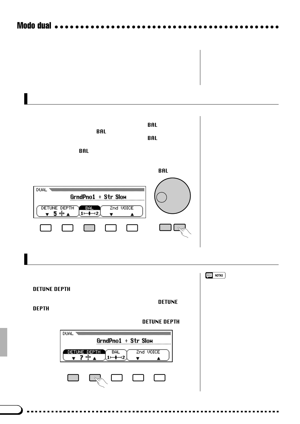 Modo dual, Balance de voces en el modo dual, Profundidad de desafinación | Yamaha CVP-69A FR User Manual | Page 21 / 163