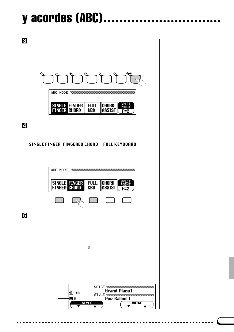 Y acordes (abc), Active el abc, Empiece y toque | Seleccione un modo de abc | Yamaha CVP-69A FR User Manual | Page 38 / 163
