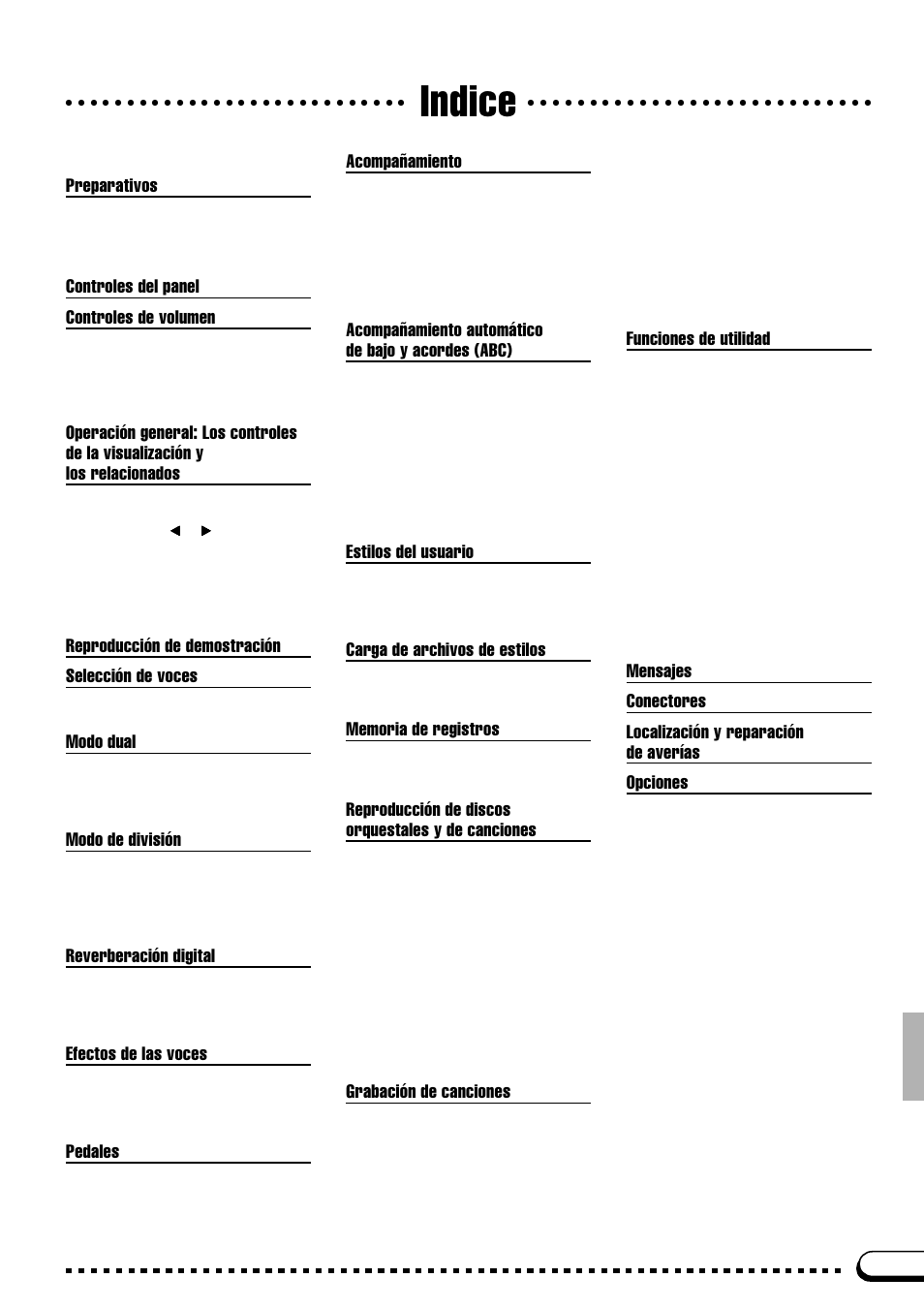 Indice, Preparativos, Controles del panel | Controles de volumen, Reproducción de demostración, Selección de voces, Modo dual, Modo de división, Reverberación digital, Efectos de las voces | Yamaha CVP-69A FR User Manual | Page 4 / 163