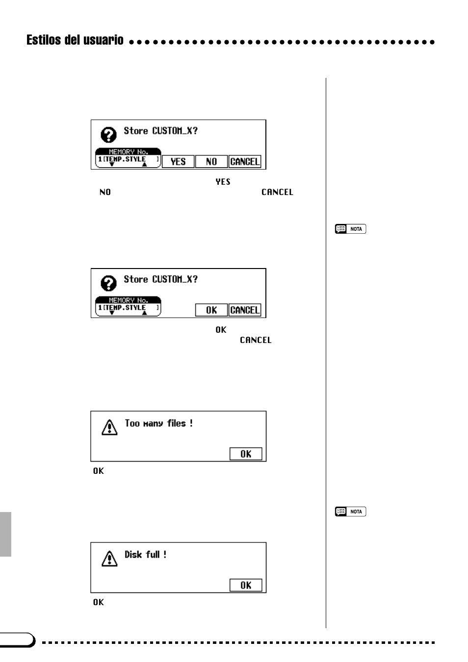 Estilos del usuario, Demasiados archivos, Disco lleno | Yamaha CVP-69A FR User Manual | Page 57 / 163