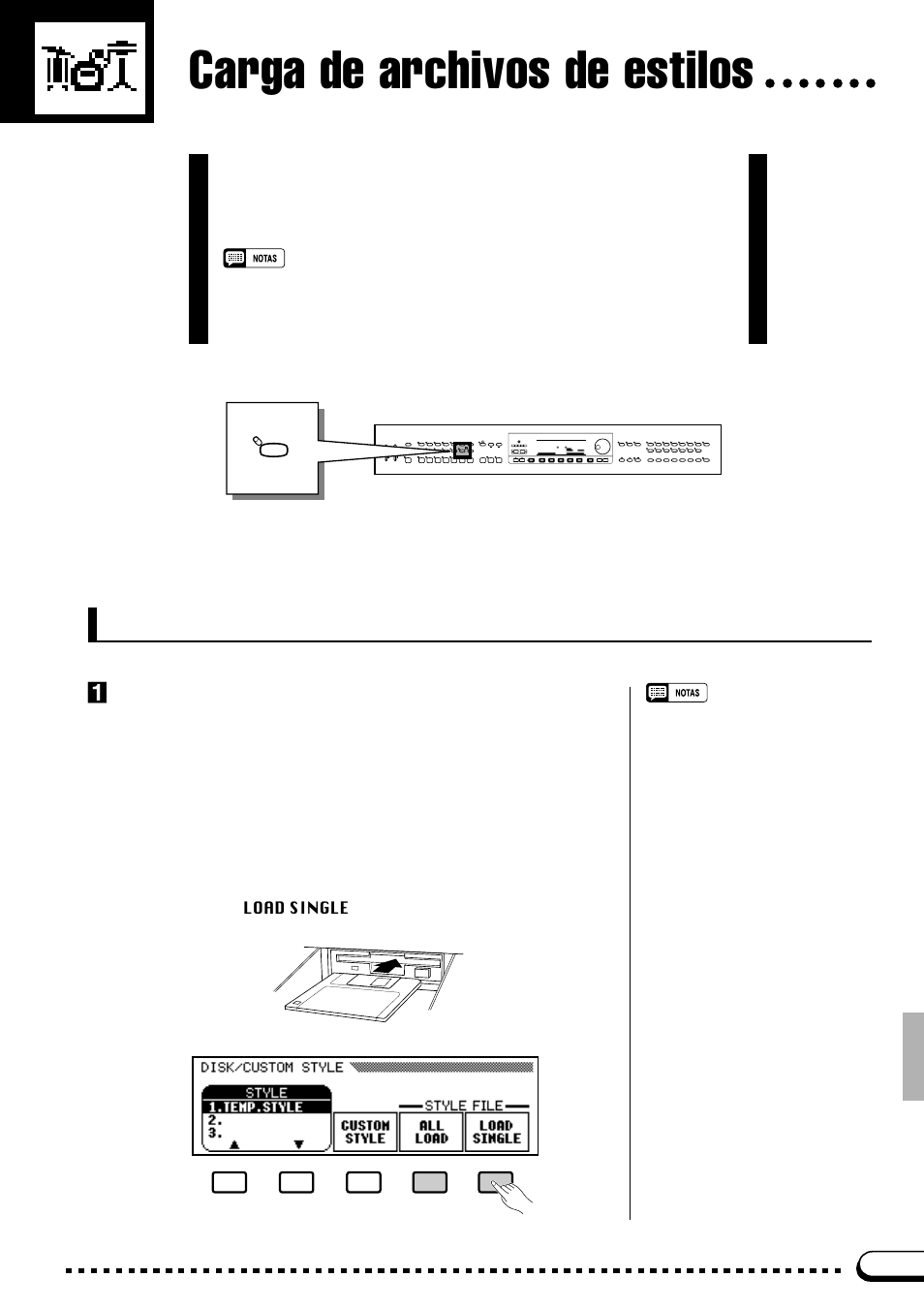 Carga de archivos de estilos, Carga de estilos de disco, Inserte el disco de estilos | Yamaha CVP-69A FR User Manual | Page 58 / 163