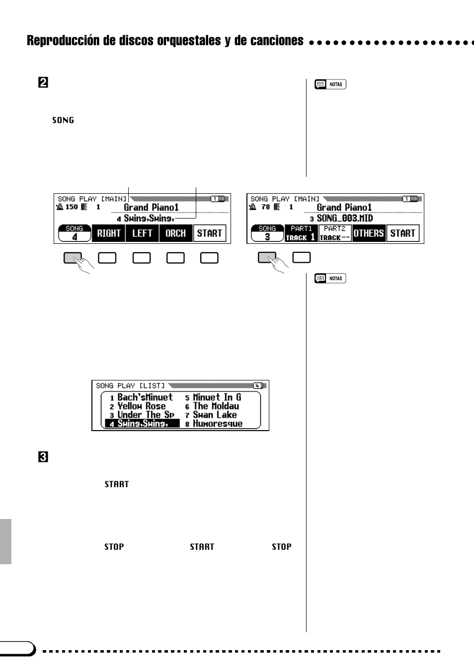 Reproducción de discos orquestales y de canciones, Seleccione un número de canción, Inicio/parada de la reproducción | Yamaha CVP-69A FR User Manual | Page 65 / 163