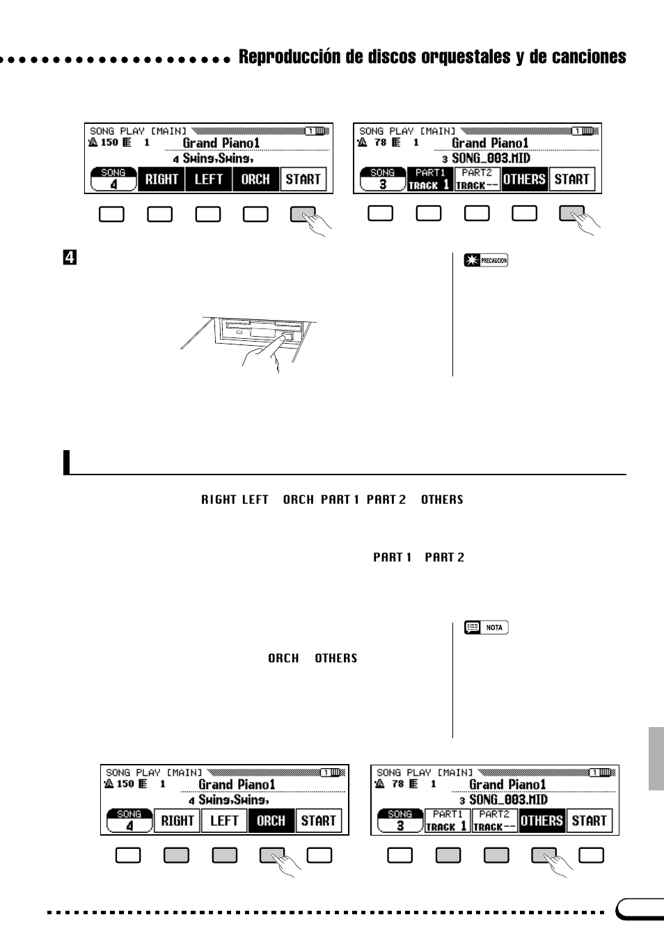 Reproducción de discos orquestales y de canciones, Reproducción de partes especificadas, Expulse el disco cuando haya terminado | Yamaha CVP-69A FR User Manual | Page 66 / 163