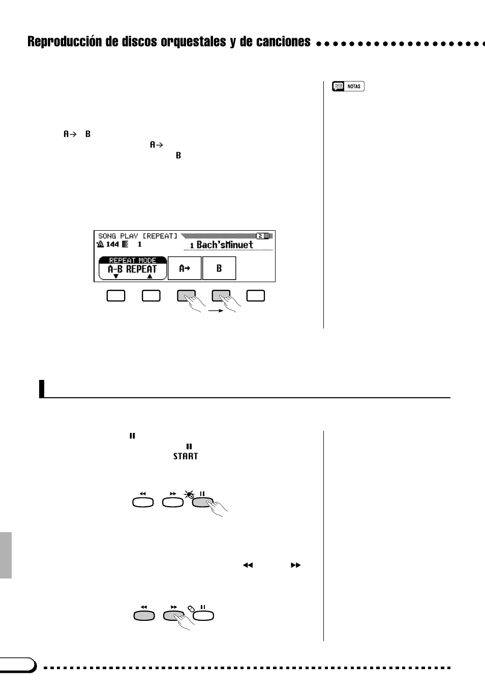 Otros controles de reproducción, Reproducción de discos orquestales y de canciones, Repetición de a-b | Pausa, Rebobinado y avance rápido | Yamaha CVP-69A FR User Manual | Page 73 / 163