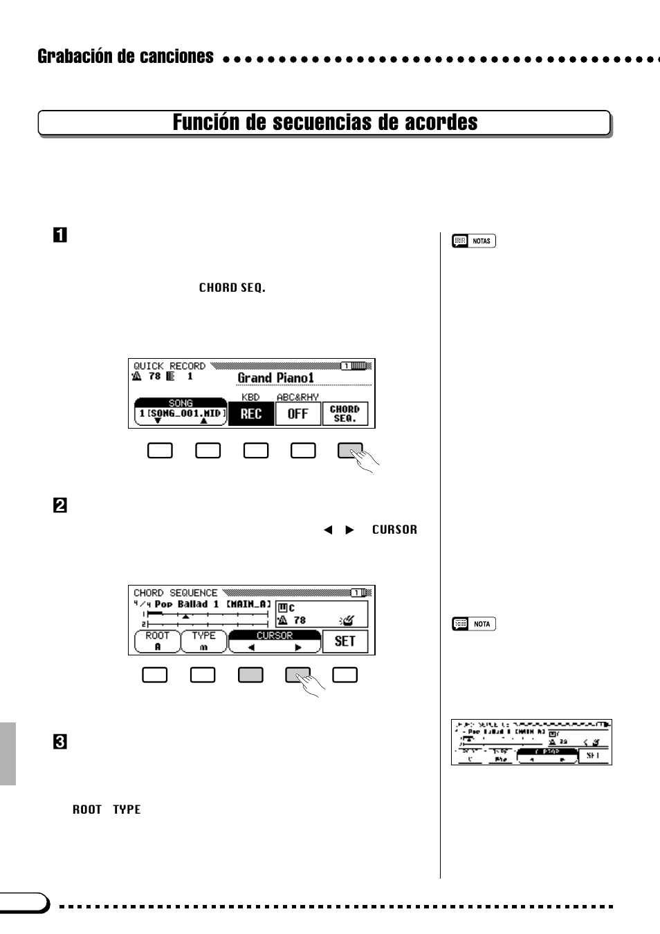 Función de secuencias de acordes, Grabación de canciones, Active la función del secuenciador de acordes | Mueva el cursor al punto de entrada | Yamaha CVP-69A FR User Manual | Page 83 / 163