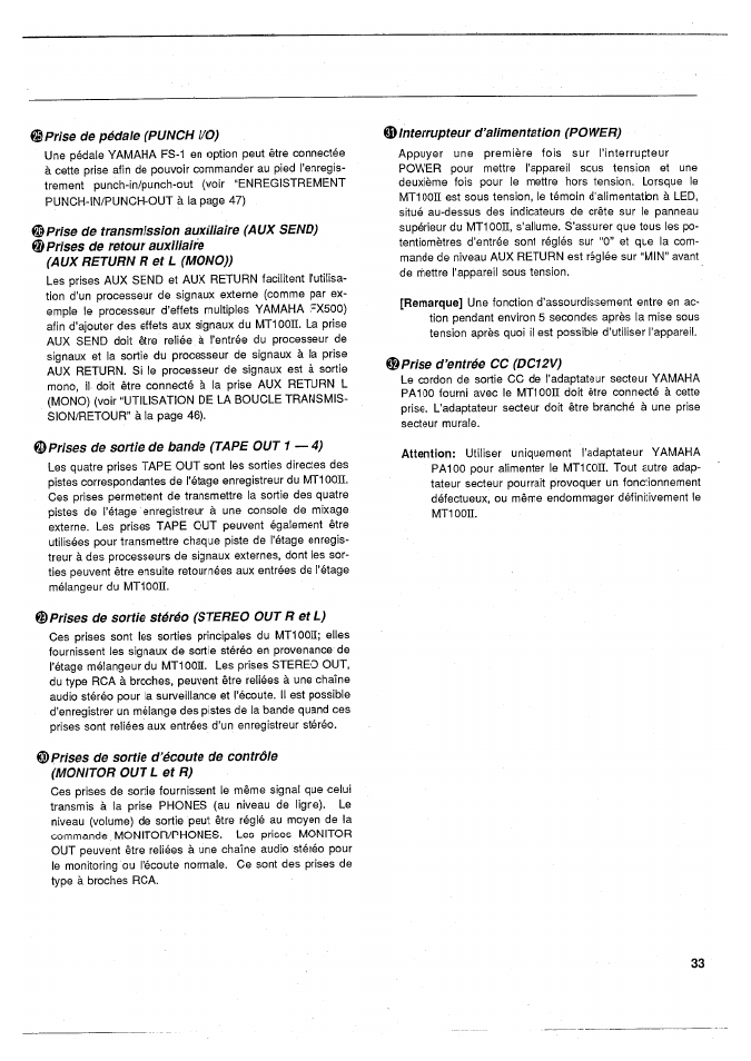 Prise de pédale (punch i/o), Prises de sortie de bande (tape out 1 — 4), Prises de sortie stéréo (stereo out r et l) | Interrupteur d’alimentation (power), Prise d’entrée cc (dc12v) | Yamaha MT100II User Manual | Page 34 / 80