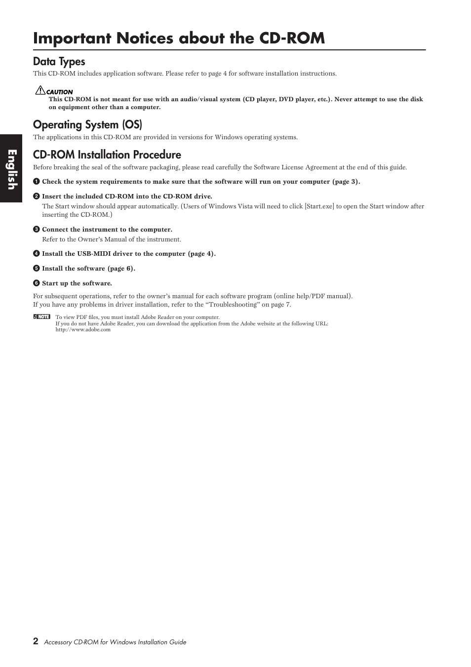 Important notices about the cd-rom, Data types, Operating system (os) | Cd-rom installation procedure, English | Yamaha CLP-380  EU User Manual | Page 2 / 9