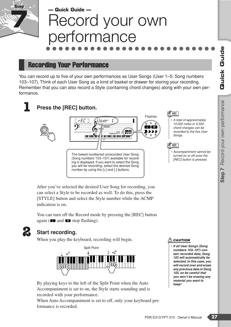 Step 7 record your own performance, Recording your performance, Step 7 | Record your own performance | Yamaha YPT-310 User Manual | Page 27 / 90