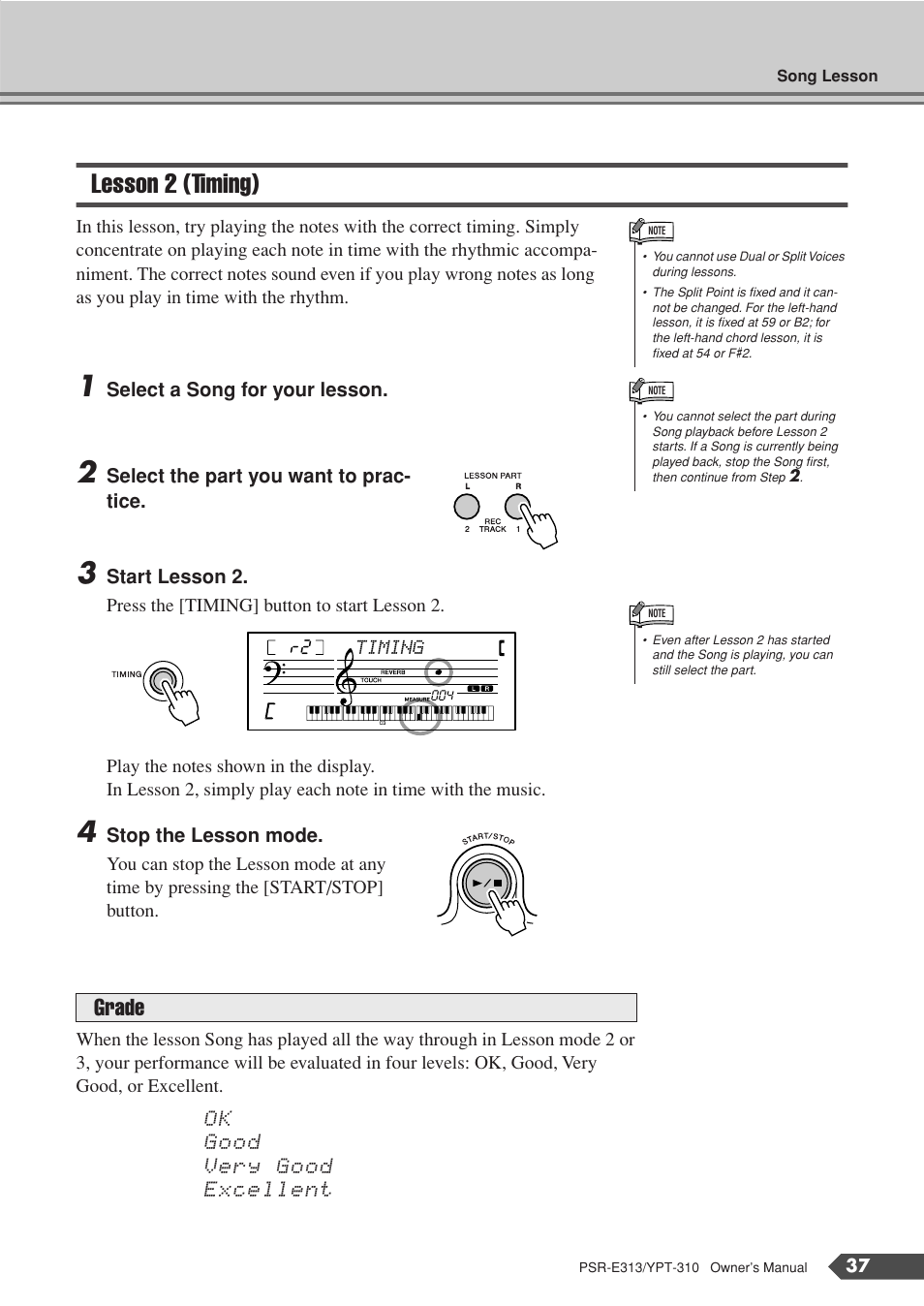 Lesson 2 (timing), Grade | Yamaha YPT-310 User Manual | Page 37 / 90