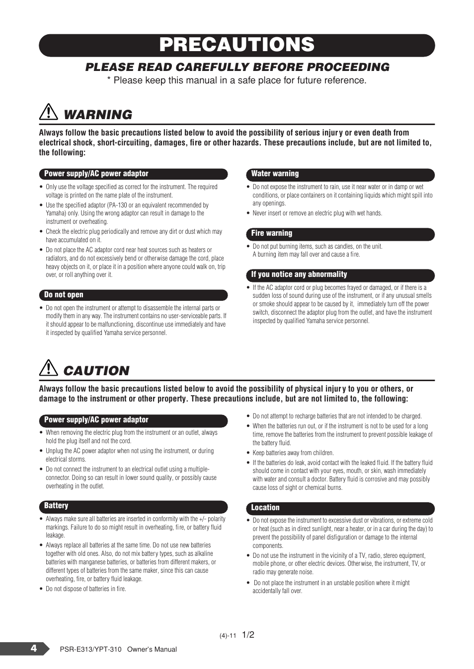 Precautions, Warning, Caution | Please read carefully before proceeding | Yamaha YPT-310 User Manual | Page 4 / 90