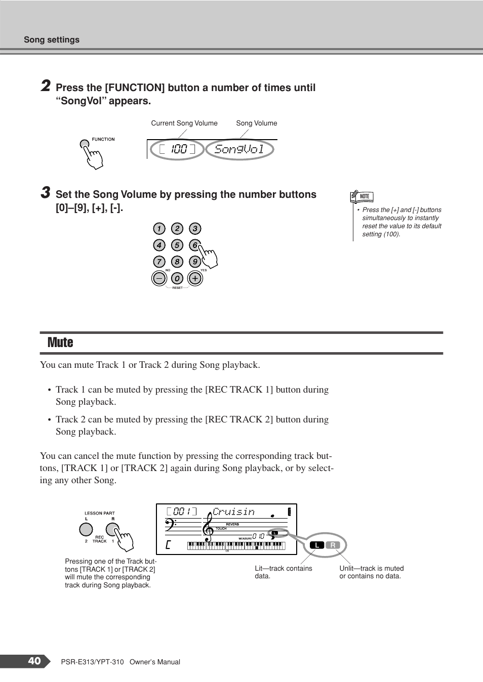 Mute, Songvol 100 | Yamaha YPT-310 User Manual | Page 40 / 90
