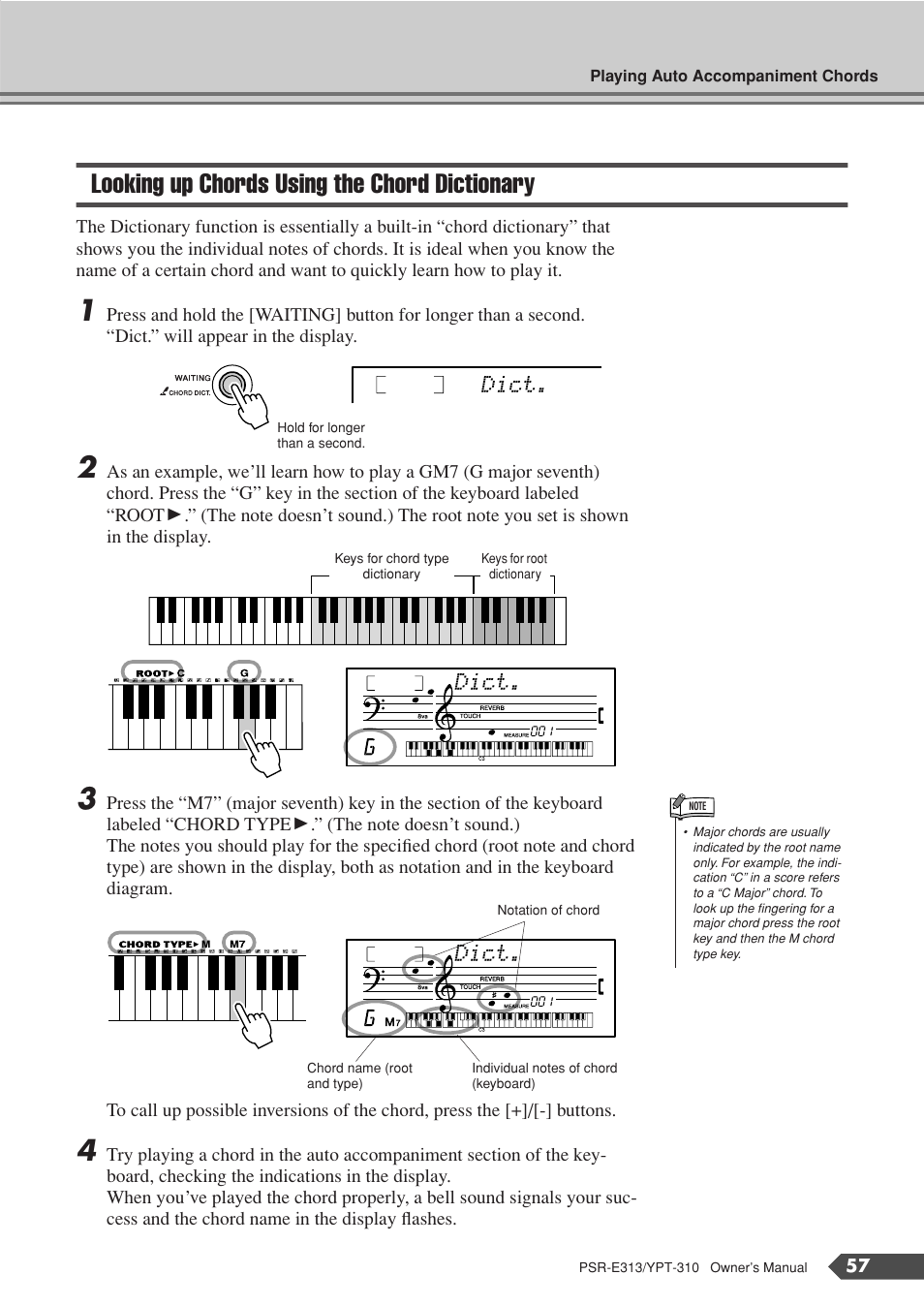 Looking up chords using the chord dictionary, Dict | Yamaha YPT-310 User Manual | Page 57 / 90