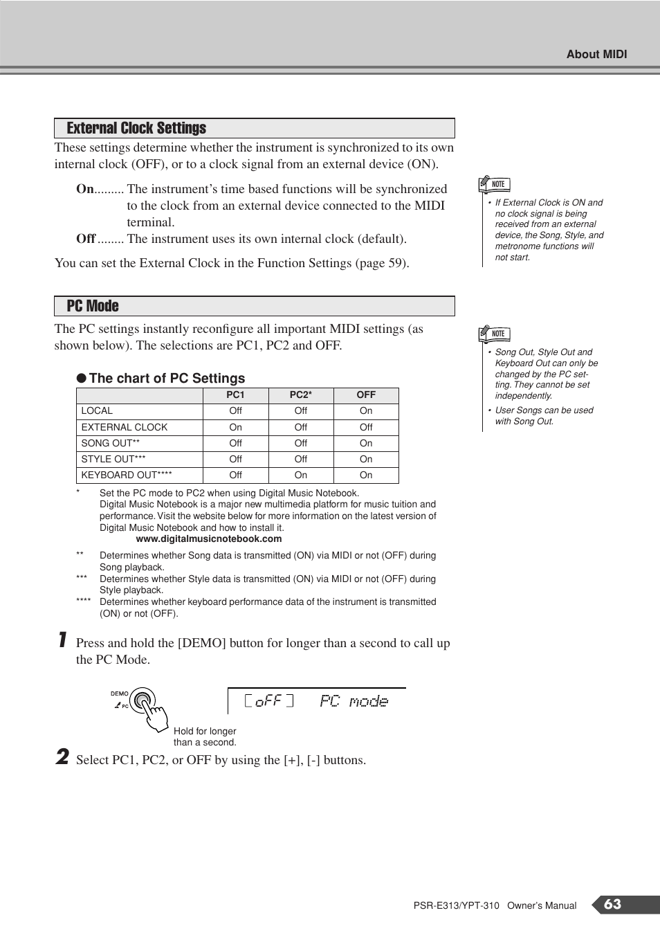 External clock settings pc mode, Pc mode off | Yamaha YPT-310 User Manual | Page 63 / 90