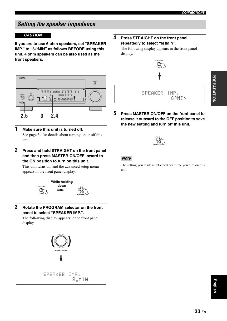 Setting the speaker impedance, M i n, Imp. speaker | Yamaha RX-V2700 User Manual | Page 35 / 164