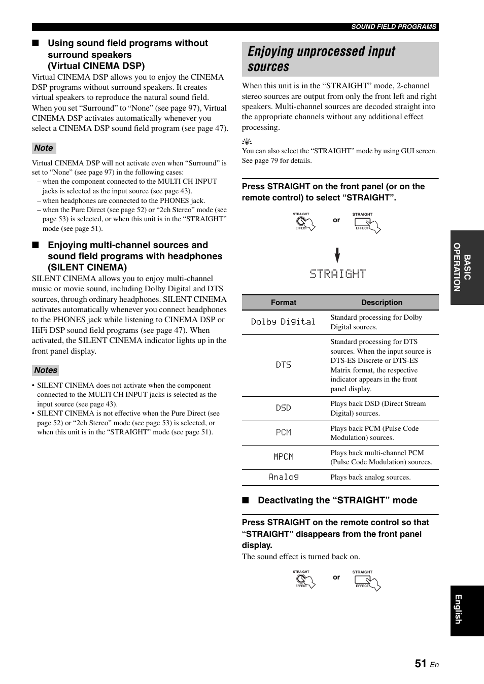 Enjoying unprocessed input sources, Straight, Deactivating the “straight” mode | Yamaha RX-V2700 User Manual | Page 53 / 164