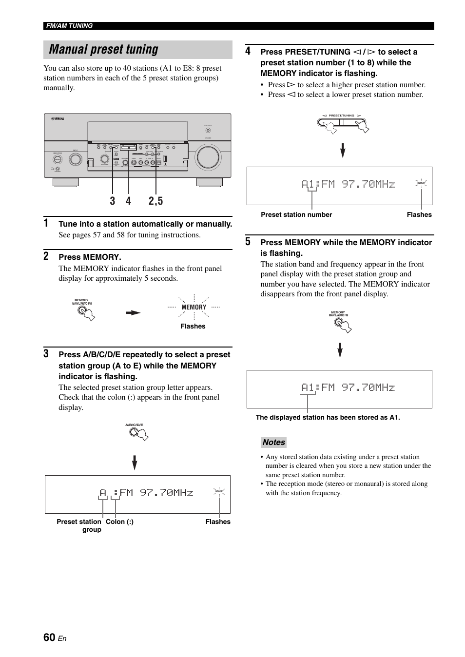 Manual preset tuning, A :fm 97.70mhz | Yamaha RX-V2700 User Manual | Page 62 / 164