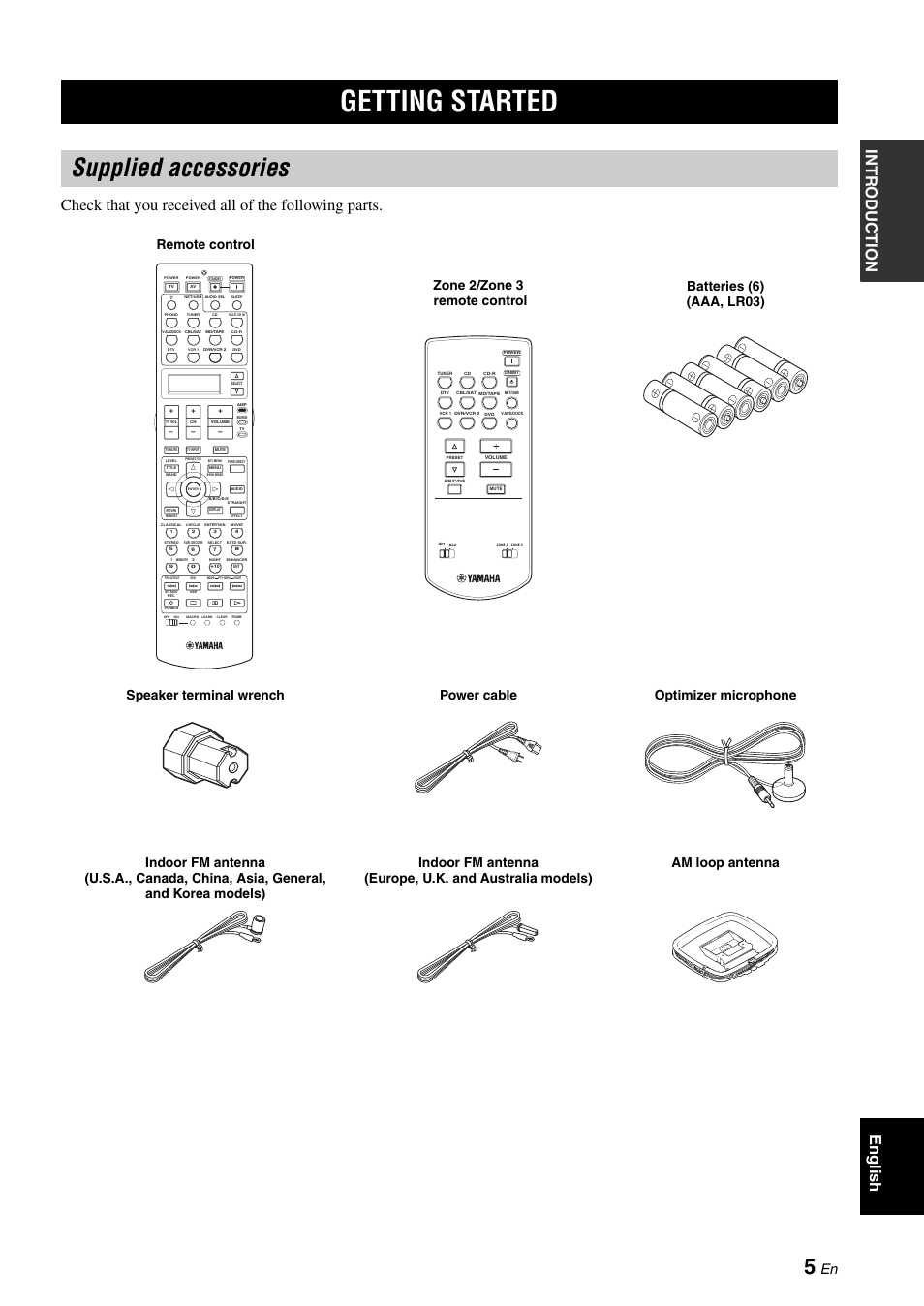 Getting started, Supplied accessories, Zone 2/zone 3 remote control | Yamaha RX-V2700 User Manual | Page 7 / 164