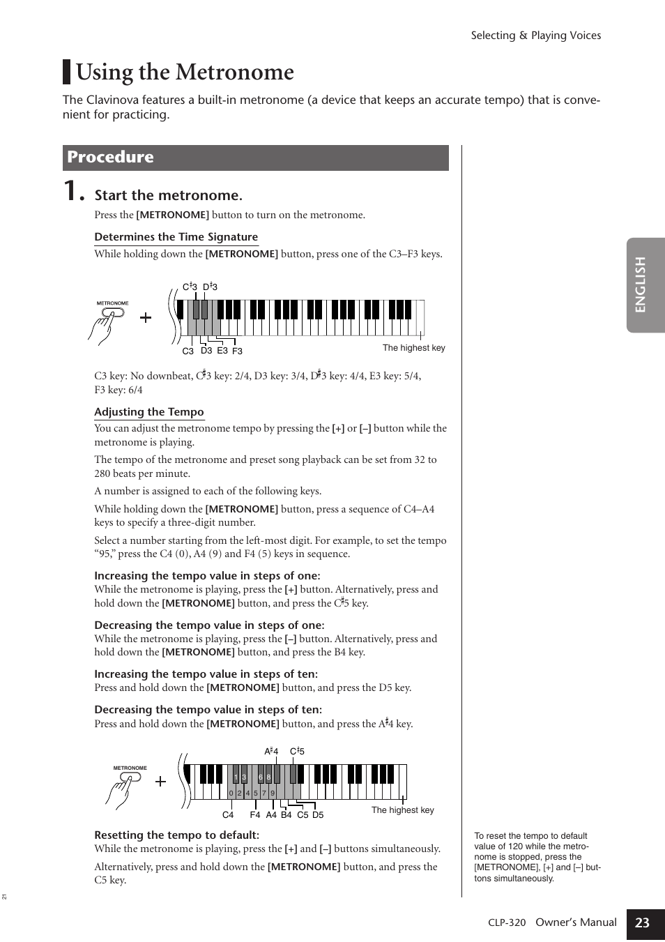 Using the metronome, Procedure, Start the metronome | 23 english | Yamaha Clavinova CLP-320 User Manual | Page 23 / 44