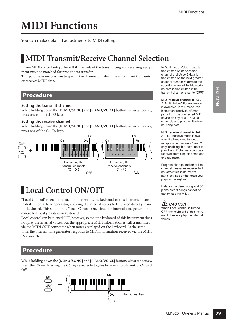 Midi functions, Midi transmit/receive channel selection, Local control on/off | Procedure, 29 english | Yamaha Clavinova CLP-320 User Manual | Page 29 / 44