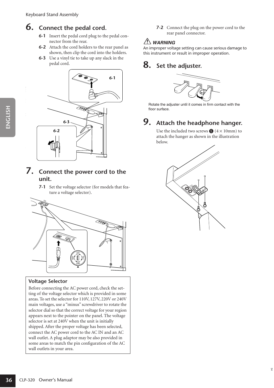 Connect the pedal cord, Connect the power cord to the unit, Set the adjuster | Attach the headphone hanger | Yamaha Clavinova CLP-320 User Manual | Page 36 / 44