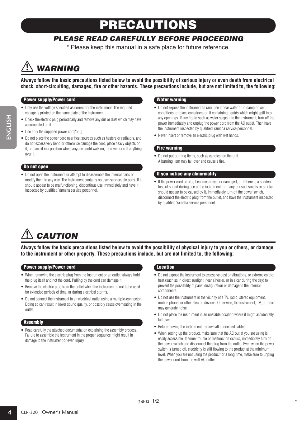 Precautions, Warning, Caution | Please read carefully before proceeding | Yamaha Clavinova CLP-320 User Manual | Page 4 / 44