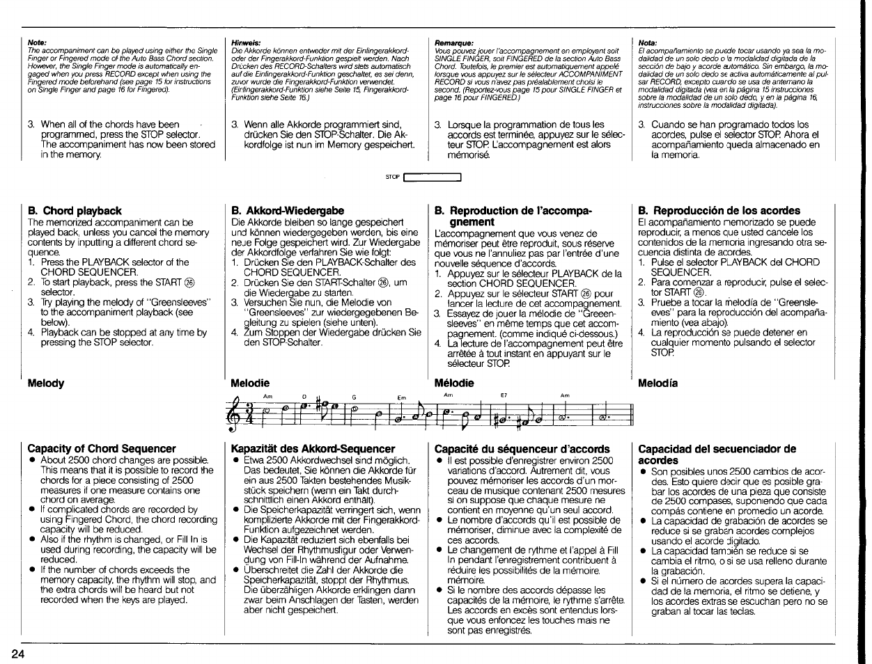 B. chord playback, Melody, B. akkord-wiedergabe | Melodie, B. reproduction de taccompa- gnement, Mélodie, B. reproducción de los acordes, Melodía, Capacity of chord sequencer, Kapazität des akkord-sequencer | Yamaha Portatone PSR-80 User Manual | Page 26 / 35