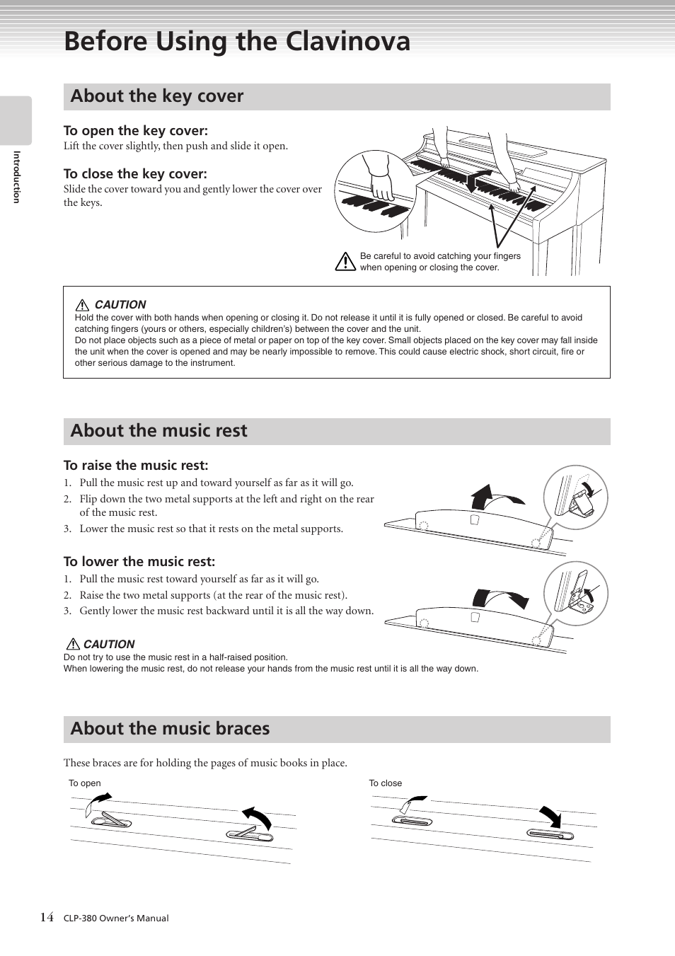 Before using the clavinova, About the key cover, About the music rest | About the music braces, About the music rest about the music braces | Yamaha CLAVINOVA C L P - 3 8 0 User Manual | Page 14 / 136