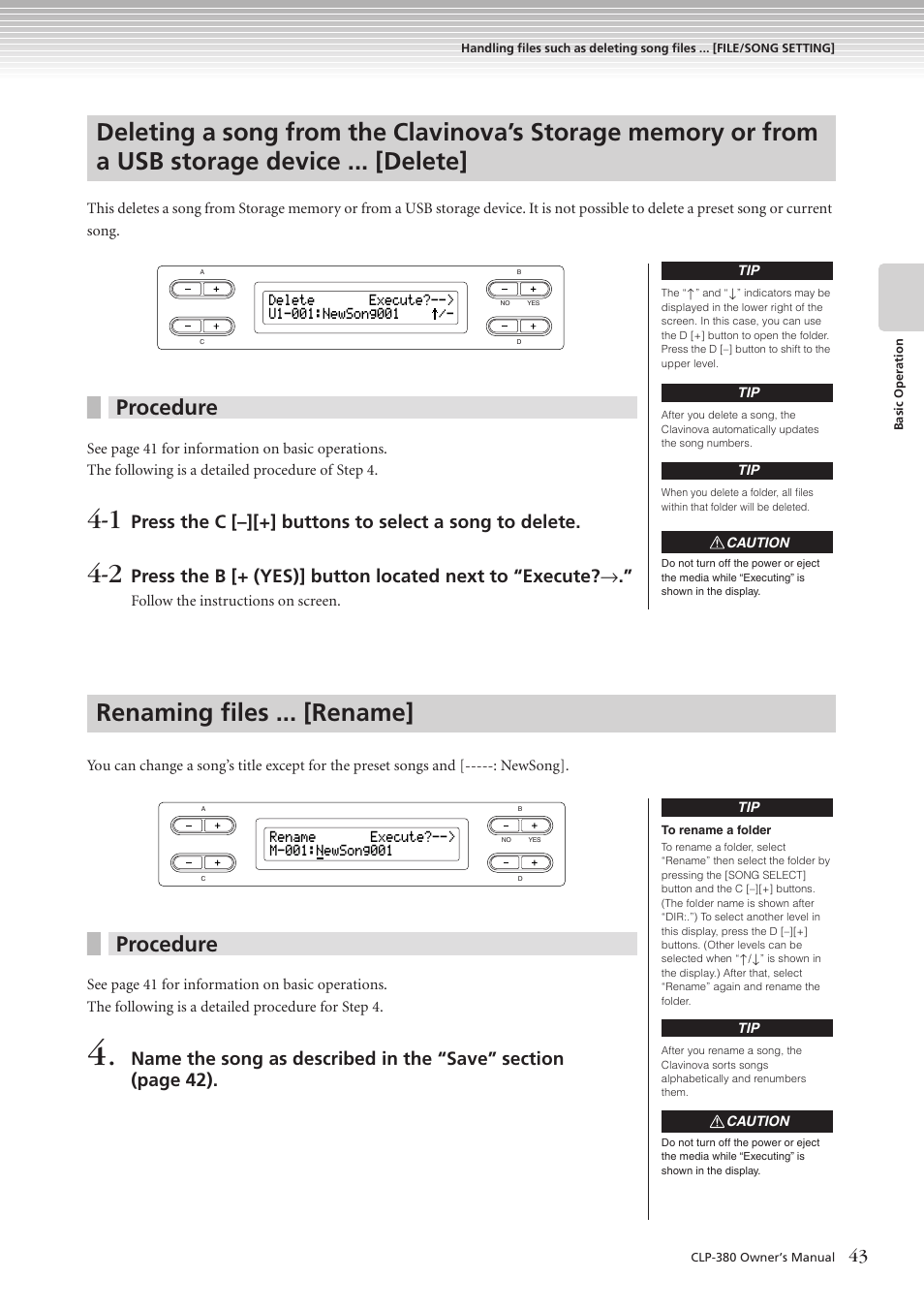 Renaming files ... [rename, Procedure | Yamaha CLAVINOVA C L P - 3 8 0 User Manual | Page 43 / 136