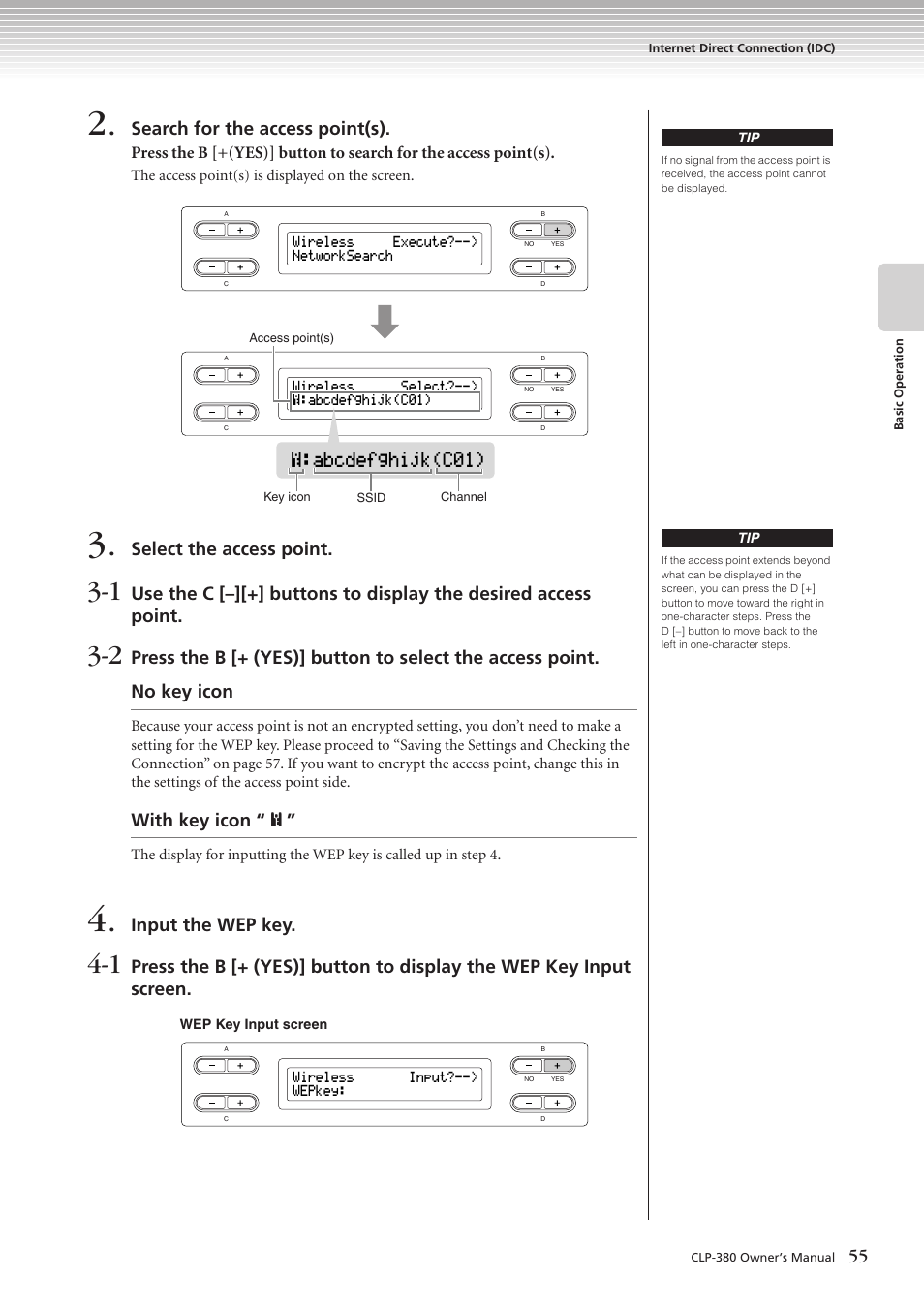 Abcdefghijk(c01), Search for the access point(s), Select the access point | With key icon, Input the wep key | Yamaha CLAVINOVA C L P - 3 8 0 User Manual | Page 55 / 136