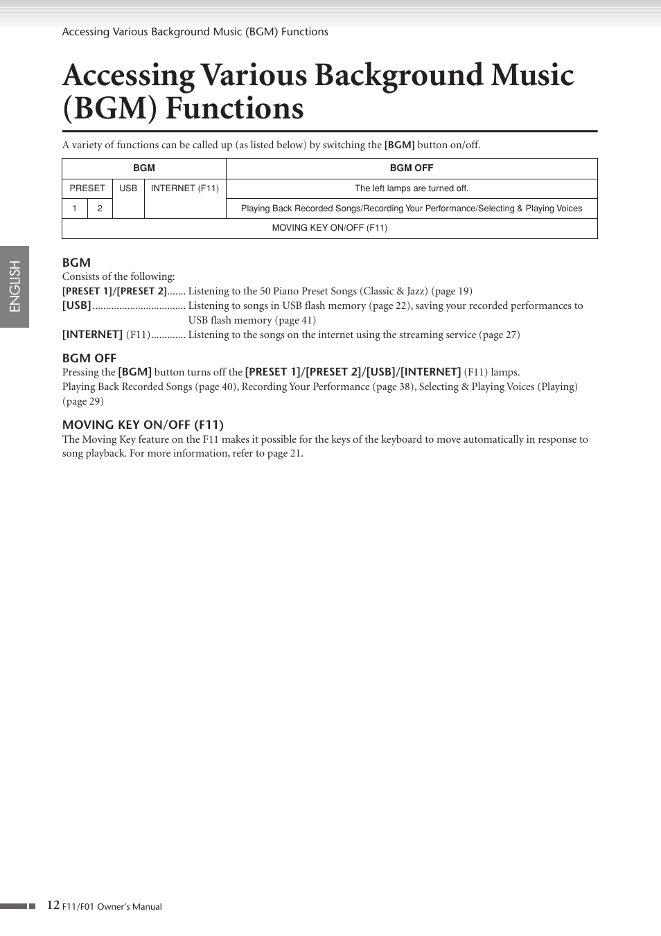 Accessing various background music (bgm) functions, Accessing various background music, Bgm) functions | Yamaha F10 User Manual | Page 12 / 78