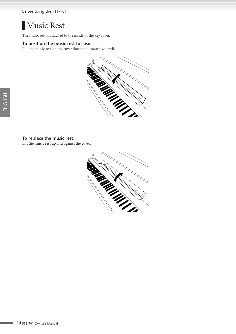 Music rest | Yamaha F10 User Manual | Page 14 / 78
