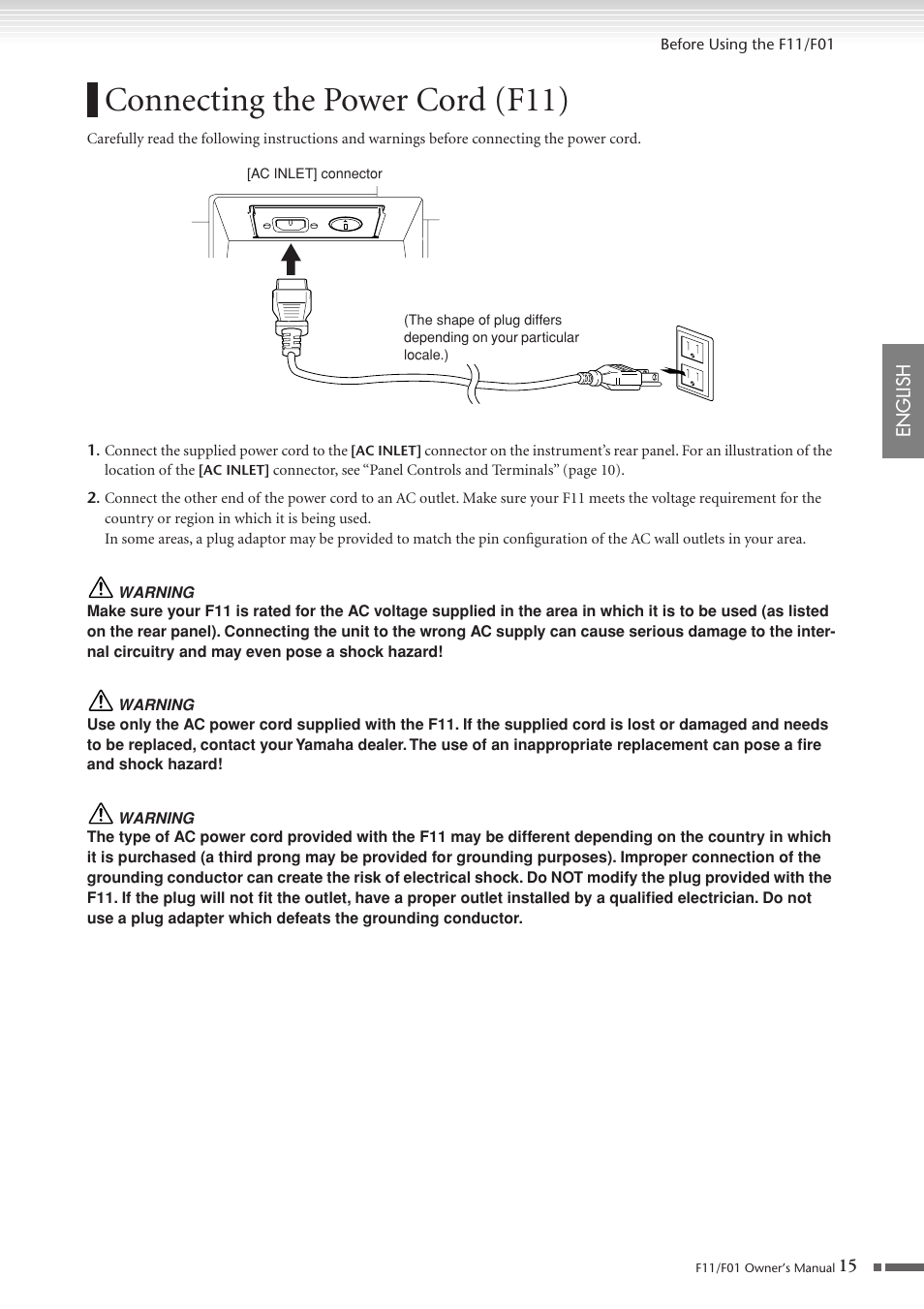 Connecting the power cord (f11), Pp. 15, 16 | Yamaha F10 User Manual | Page 15 / 78