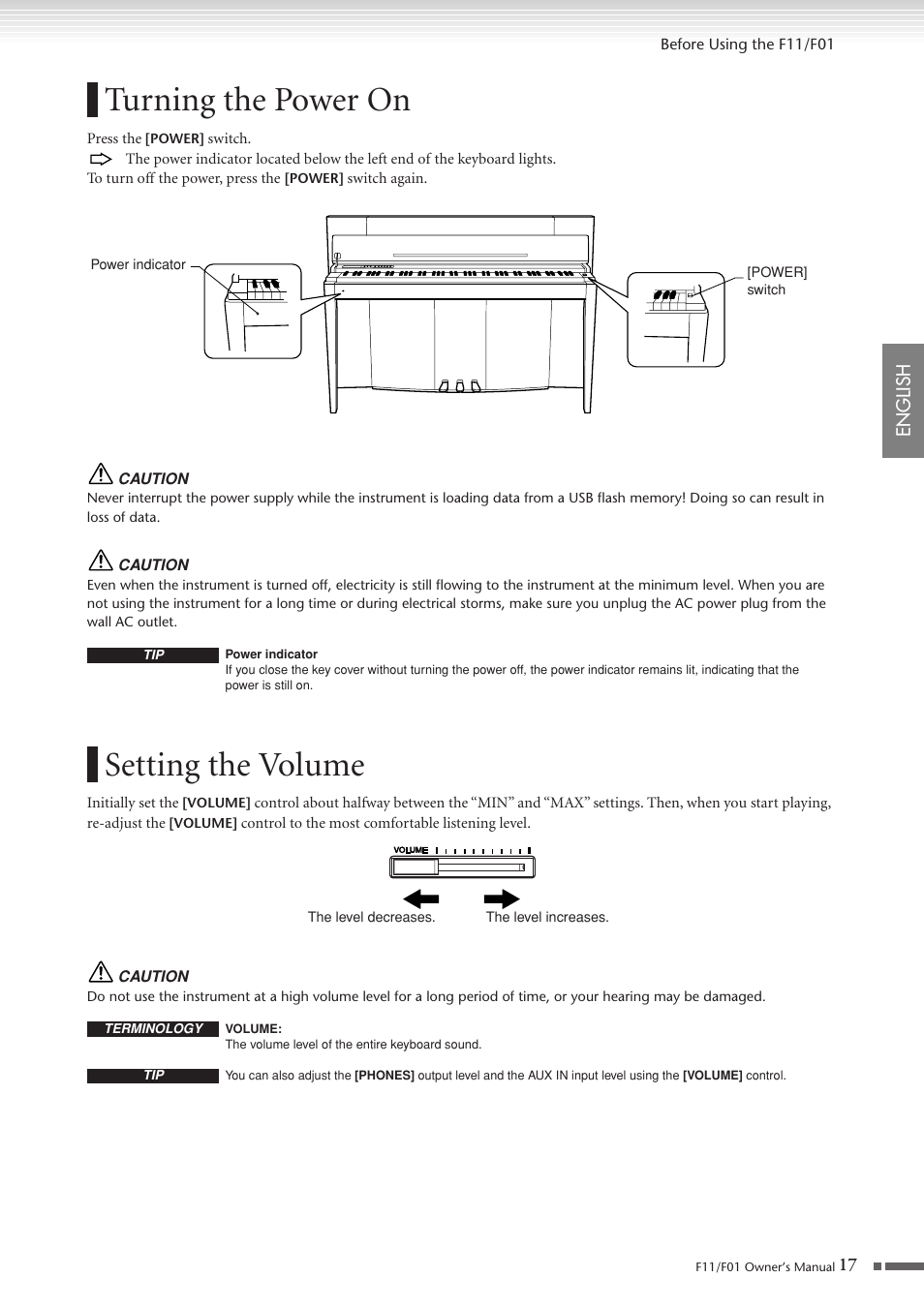 Turning the power on, Setting the volume, Turning the power on setting the volume | P. 17 | Yamaha F10 User Manual | Page 17 / 78