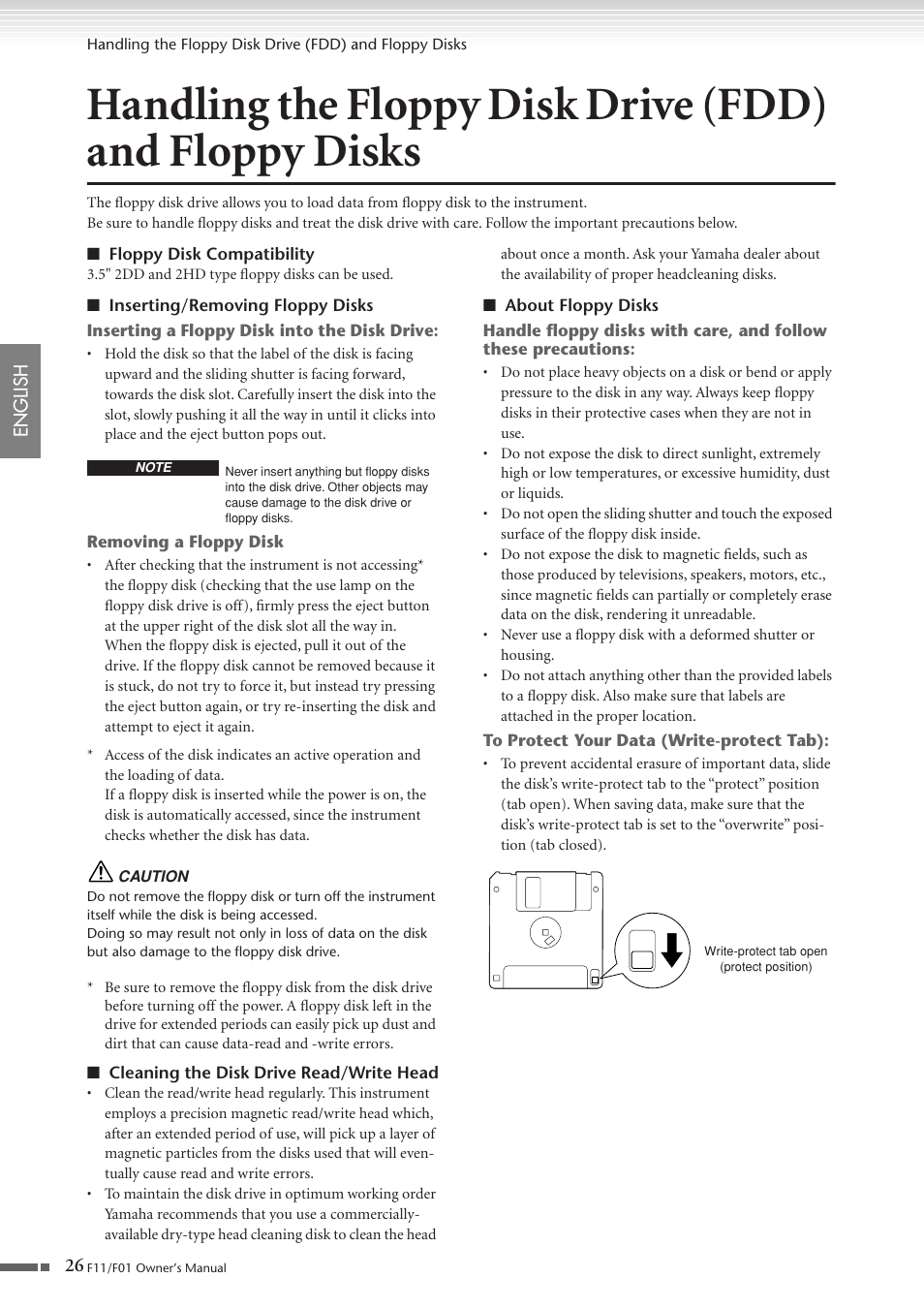 Handling the floppy disk drive (fdd), And floppy disks | Yamaha F10 User Manual | Page 26 / 78