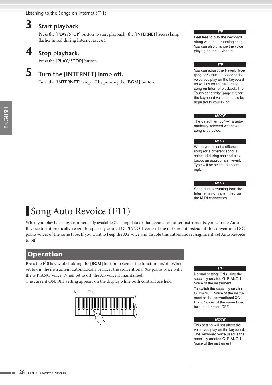 Song auto revoice (f11), Operation | Yamaha F10 User Manual | Page 28 / 78