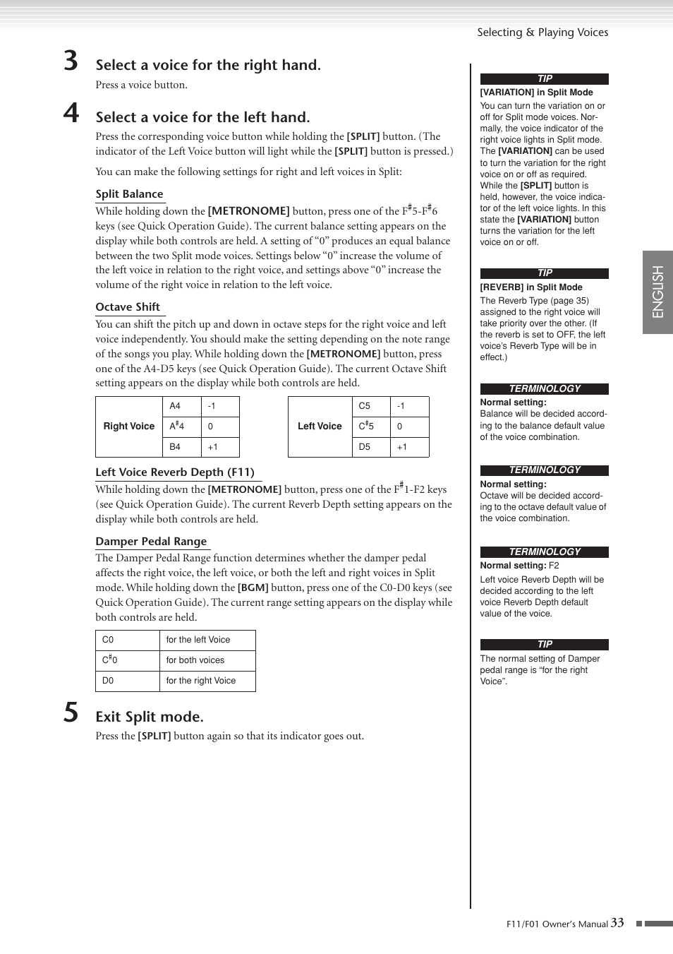 Select a voice for the right hand, Select a voice for the left hand, Exit split mode | English | Yamaha F10 User Manual | Page 33 / 78