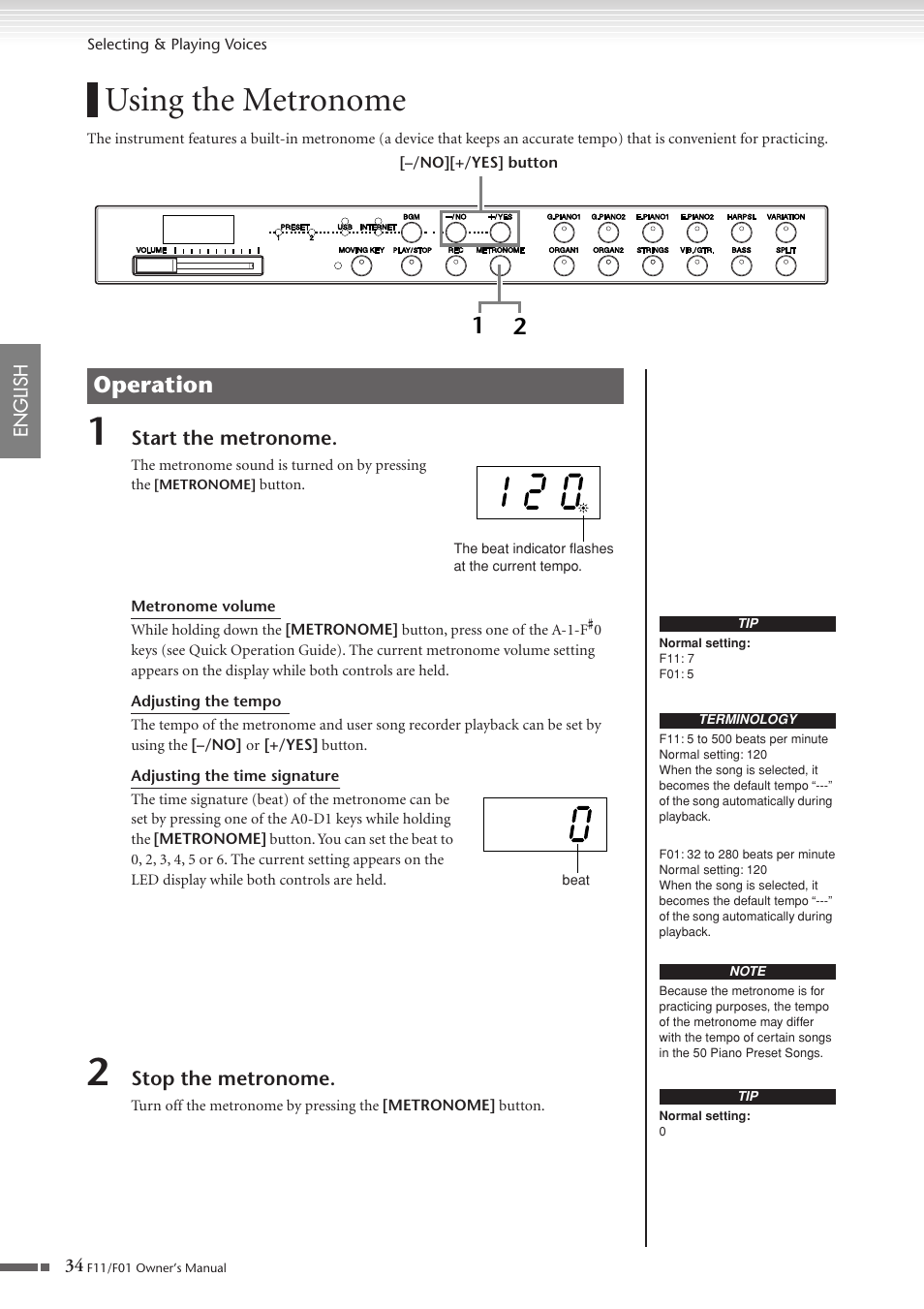 Using the metronome, P. 34, Operation | Yamaha F10 User Manual | Page 34 / 78