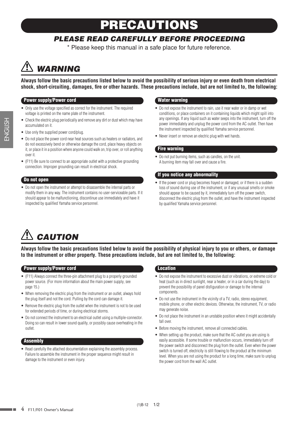 Precautions, Warning, Caution | Please read carefully before proceeding, 4english | Yamaha F10 User Manual | Page 4 / 78