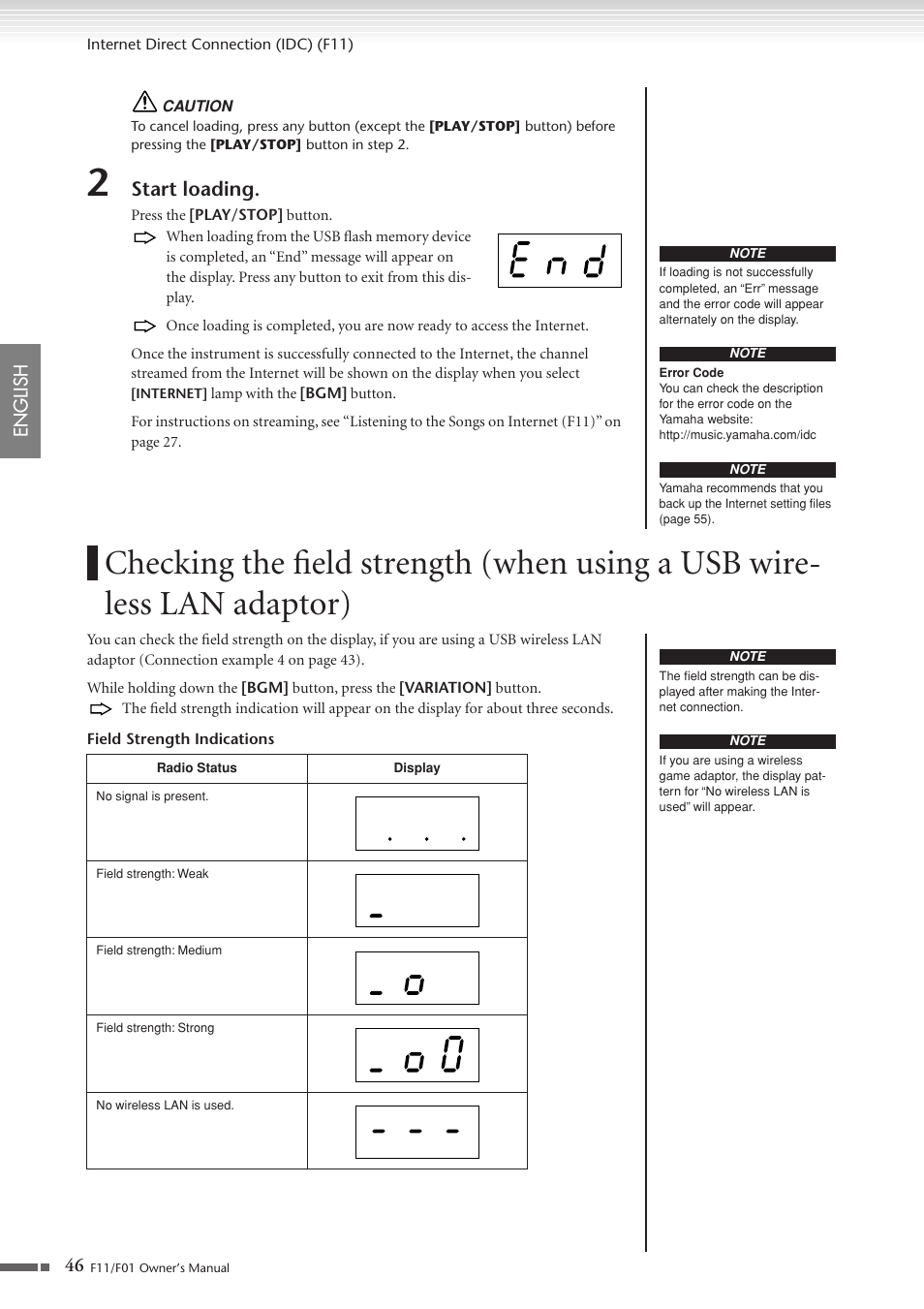 Checking the field strength, When using a usb wireless lan adaptor), Start loading | Yamaha F10 User Manual | Page 46 / 78