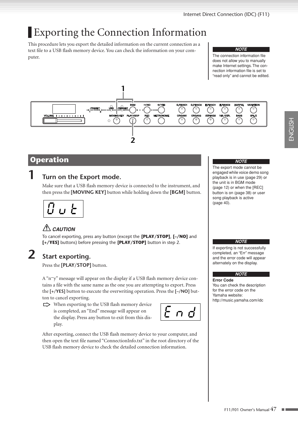 Exporting the connection information, Operation | Yamaha F10 User Manual | Page 47 / 78