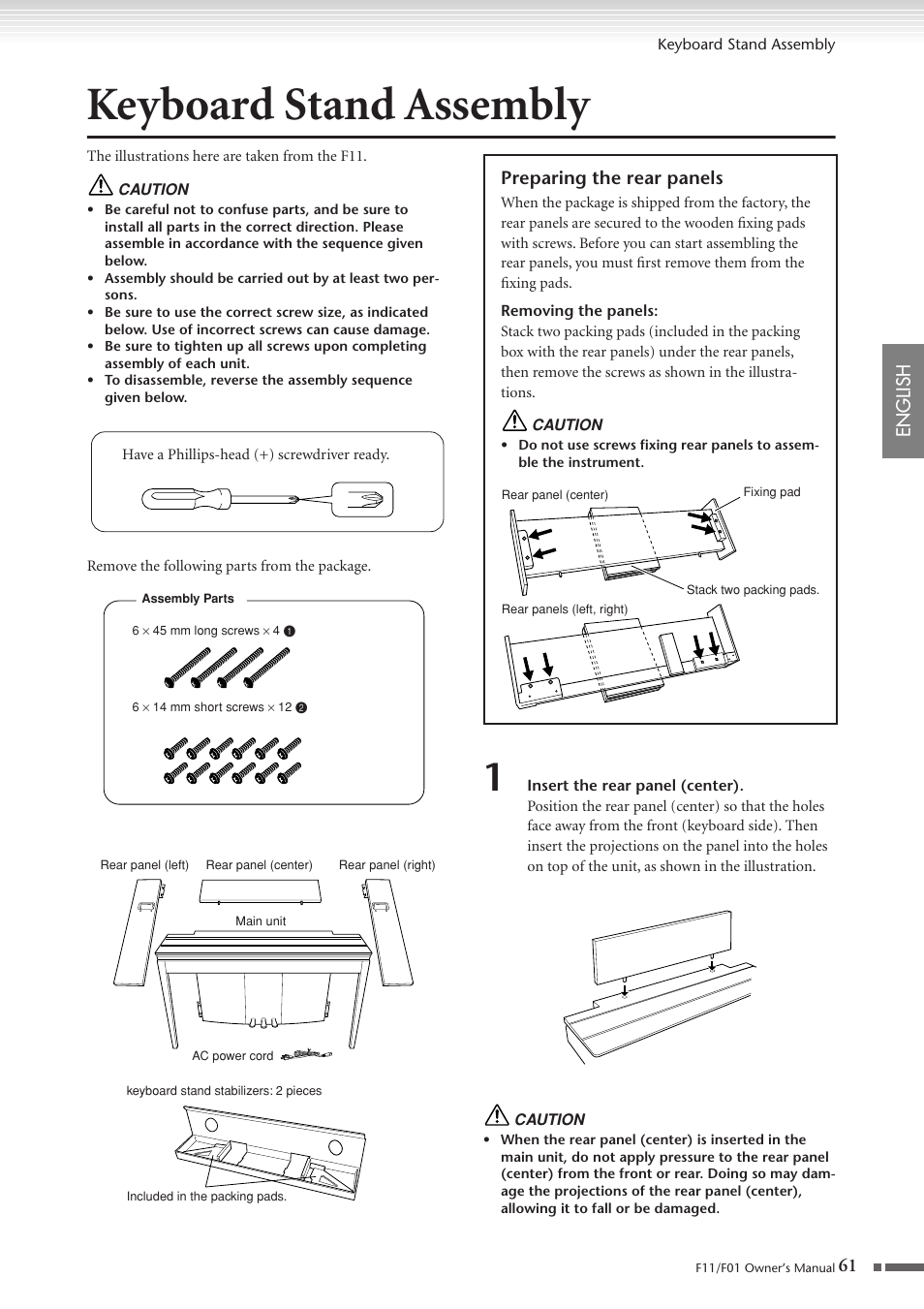 Keyboard stand assembly, English, Preparing the rear panels | Yamaha F10 User Manual | Page 61 / 78