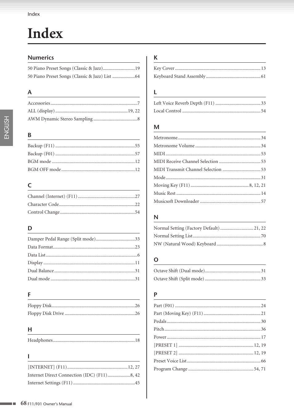 Index | Yamaha F10 User Manual | Page 68 / 78
