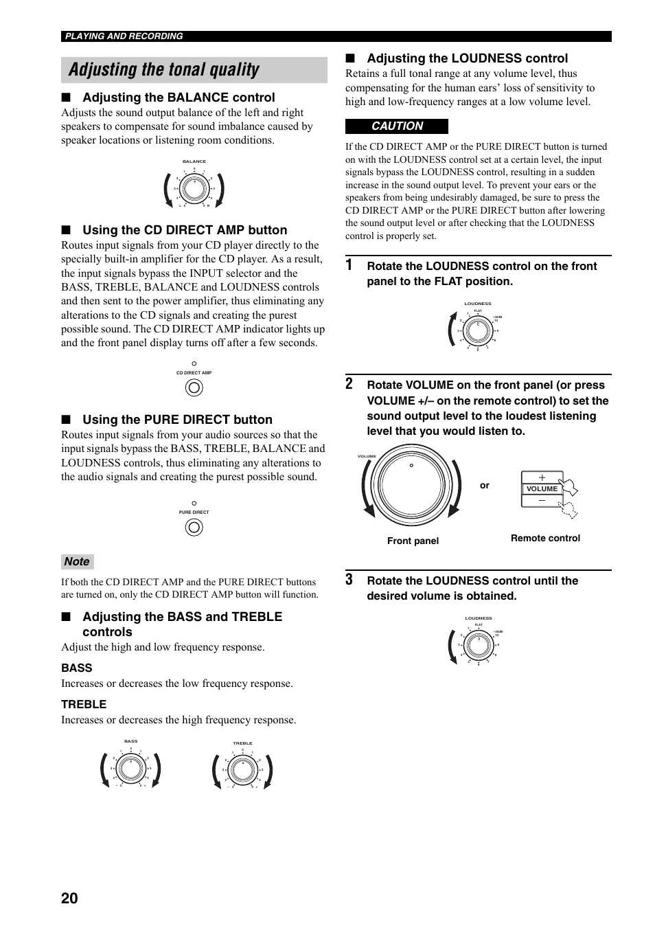 Adjusting the tonal quality, Adjusting the balance control, Using the cd direct amp button | Using the pure direct button, Adjusting the bass and treble controls, Adjusting the loudness control, Caution, Remote control front panel or, Playing and recording | Yamaha RX-797 User Manual | Page 24 / 55