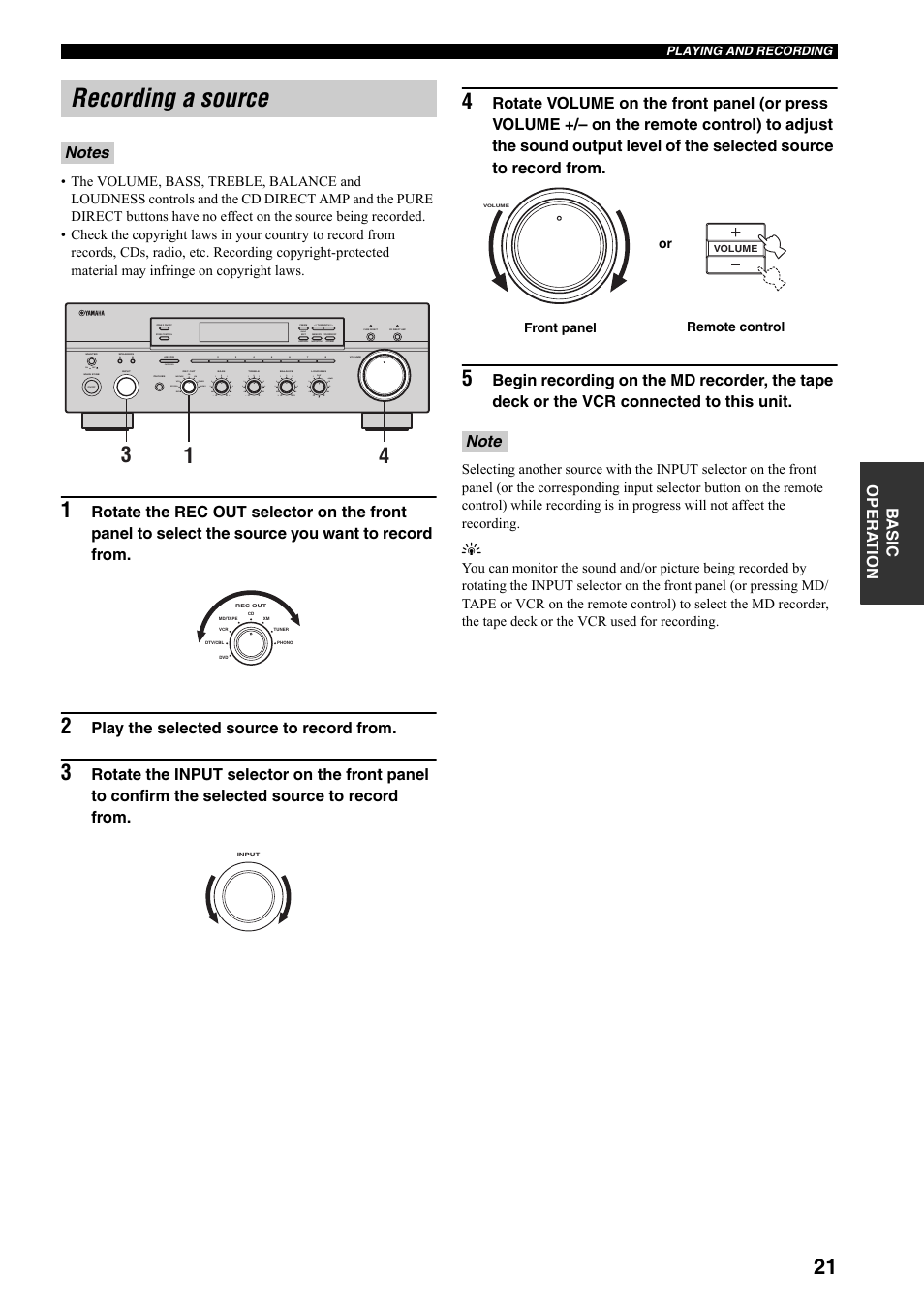 Recording a source, Play the selected source to record from, On off | Search mode, Category, Man'l/auto fm, Auto/man'l b a, Md/tape cd xm dvd vcr tuner dtv/cbl phono xm/ant | Yamaha RX-797 User Manual | Page 25 / 55