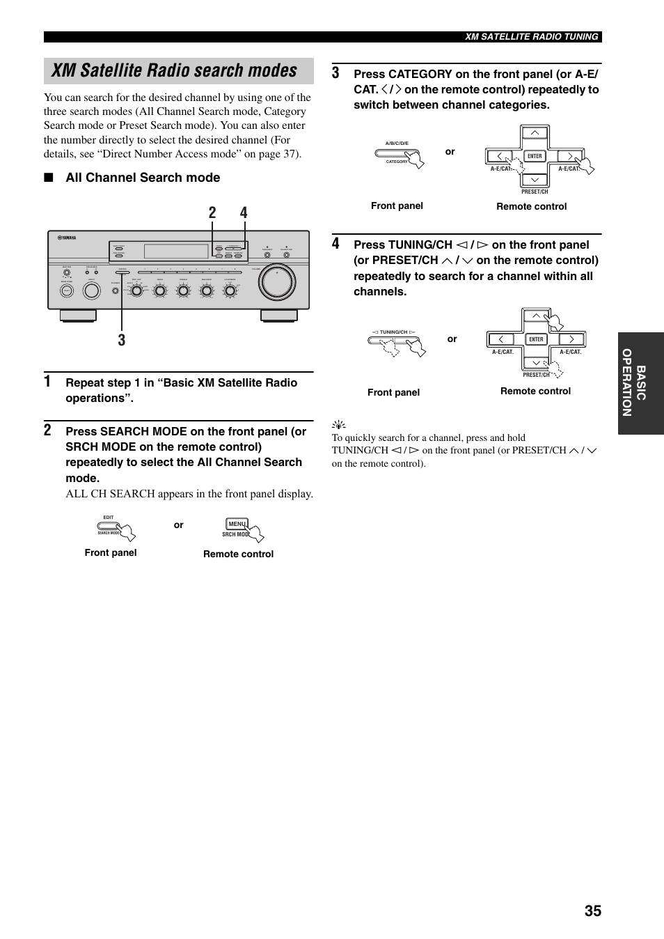Xm satellite radio search modes, Ge 35), All channel search mode | On off, Search mode, Category, Man'l/auto fm, Auto/man'l b a, Md/tape cd xm dvd vcr tuner dtv/cbl phono xm/ant | Yamaha RX-797 User Manual | Page 39 / 55